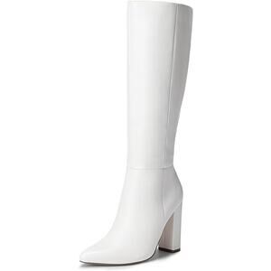 Dream Pairs Womens 6 White Faux Leather 4" Block Heel Knee High Side Zip Boots
